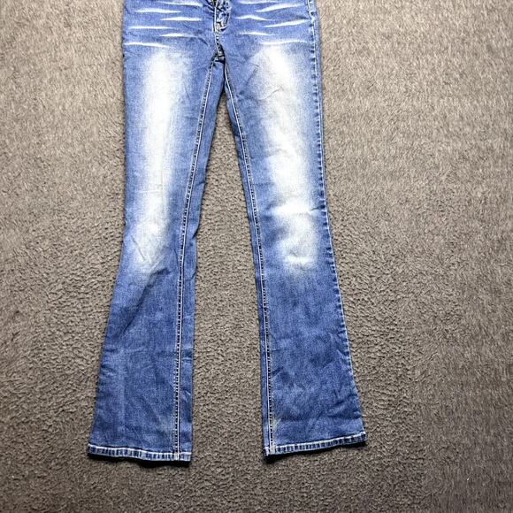 Bongo Jeans Women’s Size 1 Blue Bootcut Stretch Denim Whiskered Distressed - Picture 12 of 16